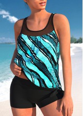 Striped Mesh Stitching Cyan Tankini Set