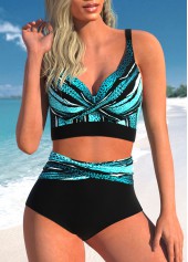 Striped Criss Cross Cyan Bikini Set