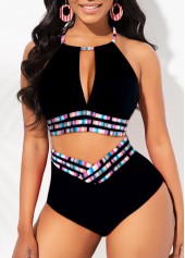 Striped Contrast Binding Black Bikini Set