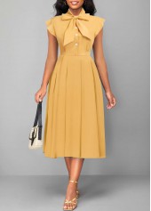 Light Yellow Tie Collar Short Sleeve Button Dress