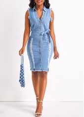 Hole Belted Denim Blue Shirt Collar Bodycon Dress