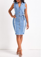 Hole Belted Denim Blue Shirt Collar Bodycon Dress