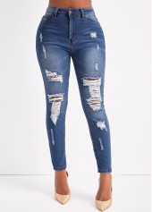 Hole Denim Blue Zipper Fly Skinny Jeans