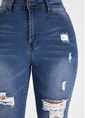 Hole Denim Blue Zipper Fly Skinny Jeans