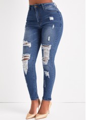 Hole Denim Blue Zipper Fly Skinny Jeans