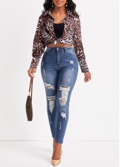 Hole Denim Blue Zipper Fly Skinny Jeans