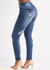 Hole Denim Blue Zipper Fly Skinny Jeans