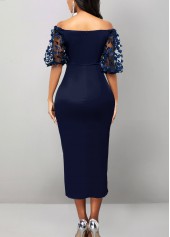 Split Off Shoulder Navy Half Sleeve Bodycon Dress