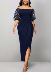 Split Off Shoulder Navy Half Sleeve Bodycon Dress