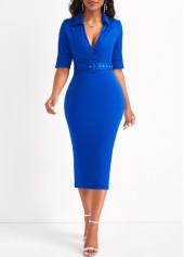 Surplice Belted Royal Blue V Neck Dress