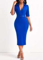 Surplice Belted Royal Blue V Neck Dress