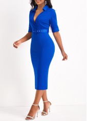 Surplice Belted Royal Blue V Neck Dress