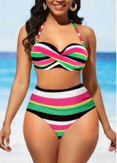 High Waisted Multi Stripe Print Bikini Set
