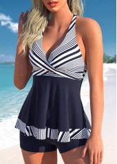 Striped Criss Cross Navy Tankini Set