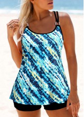 Multi Stripe Print Metal Ring Blue Tankini Set
