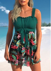 Plants Print Bowknot Blackish Green Swimdress Top-No Bottom