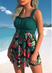 Plants Print Bowknot Blackish Green Swimdress Top-No Bottom