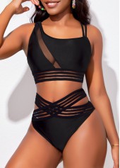 Mesh Stitching Asymmetry Black Bikini Set