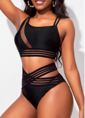 Mesh Stitching Asymmetry Black Bikini Set