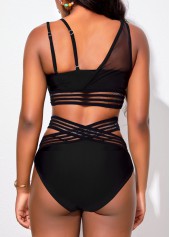 Mesh Stitching Asymmetry Black Bikini Set