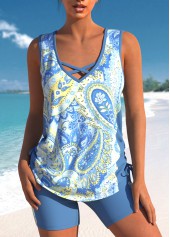 Paisley Print Criss Cross Dusty Blue Tankini Set