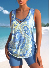 Paisley Print Criss Cross Dusty Blue Tankini Set