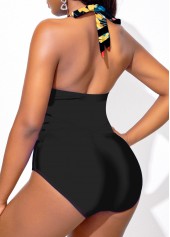 Floral Print Patchwork Black One Piece Swimwear