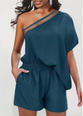 Pocket Peacock Blue One Shoulder Romper