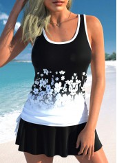 Floral Print Drawstring Black Tankini Set