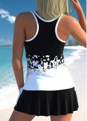 Floral Print Drawstring Black Tankini Set