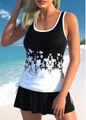 Floral Print Drawstring Black Tankini Set