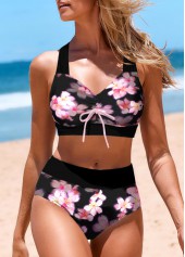Floral Print Bowknot Pink Bikini Set
