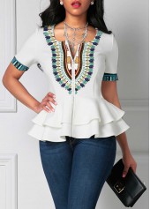 Tribal Print Patchwork White Round Neck T Shirt