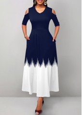 Geometric Print Pocket Navy V Neck Maxi Dress