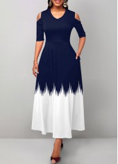 Geometric Print Pocket Navy V Neck Maxi Dress