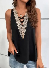 Lace Up V Neck Black Tank Top