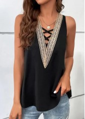 Lace Up V Neck Black Tank Top