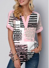 Geometric Print Contrast Binding Pink Split Neck Blouse