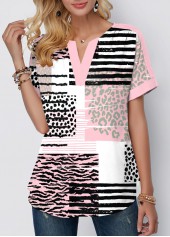 Geometric Print Contrast Binding Pink Split Neck Blouse