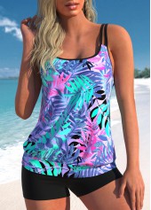 Leaf Print Multi Color Double Straps Tankini Top-No Bottom