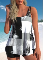 Tropical Plants Print Black Double Straps Tankini Top-No Bottom