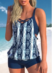 Tribal Print Criss Cross Navy Tankini Set