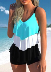 Handkerchief Hem Cyan Layered Tankini Top-No Bottom