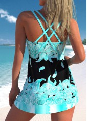 Paisley Print Metal Ring Cyan Swimdress Top-No Bottom