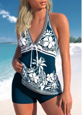 Tribal Print Bowknot Navy Tankini Set