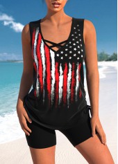 American Flag Print Criss Cross Black Tankini Set