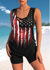 American Flag Print Criss Cross Black Tankini Set