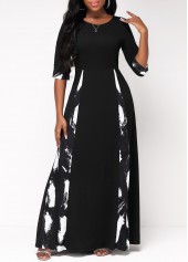 Graffiti Print Insert Black X Shape Maxi Dress