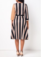 Striped V Neck 3/4 Sleeve Belted Light Coffee Dress