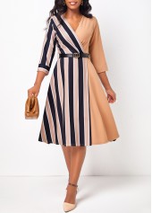 Striped V Neck 3/4 Sleeve Belted Light Coffee Dress